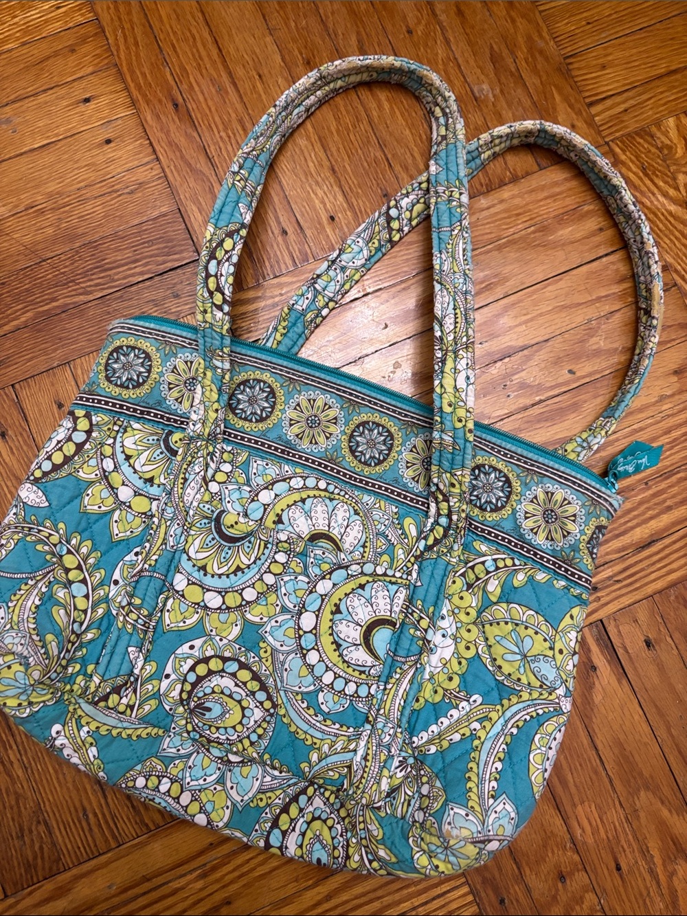 Vera Bradley Turquoise Paisley Quilted Tote with Lime & White Accents